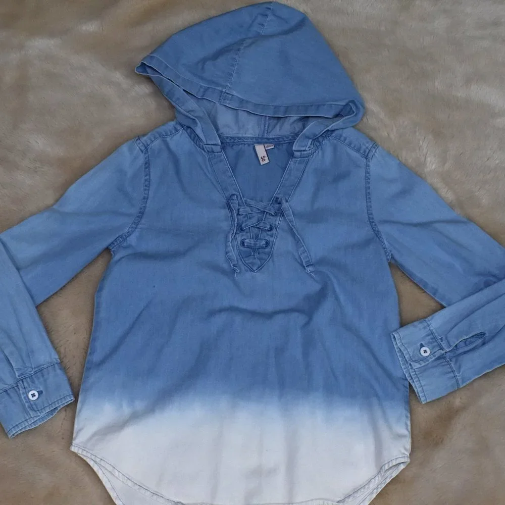 Girls Denim Hooded Shirt Dress Size 7 Long Sleeve